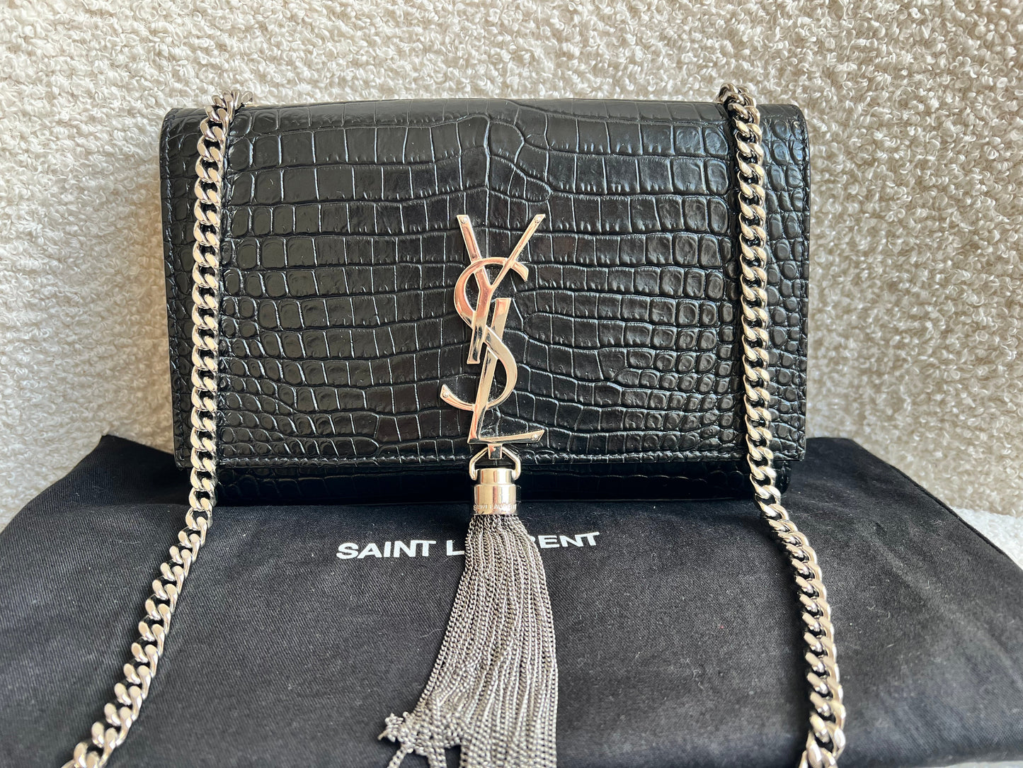 Yves Saint Laurent (YSL) Black Croc Small Kate with Silver Hardware (RRP £1,925)