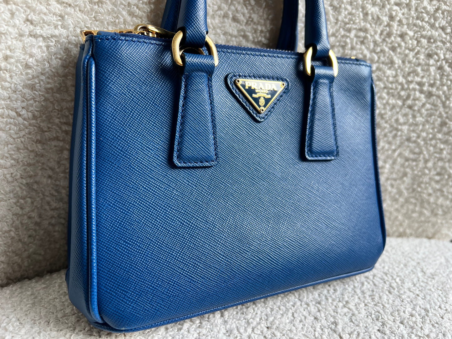 Prada Blue Saffiano Lux Leather Micro Double Zip Tote