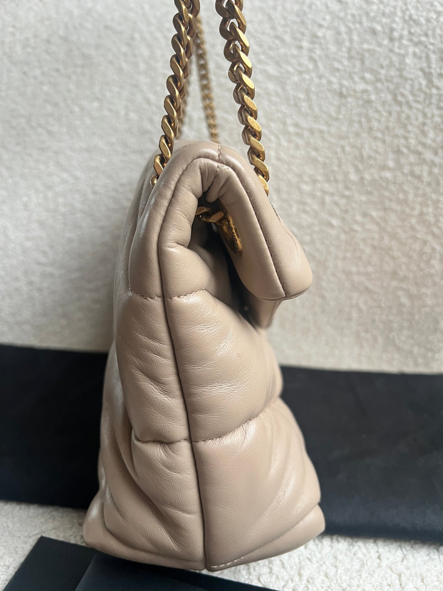 Yves Saint Laurent (YSL) Small Puffer in Beige Quilted Lambskin Gold Hardware (RRP £2,415)