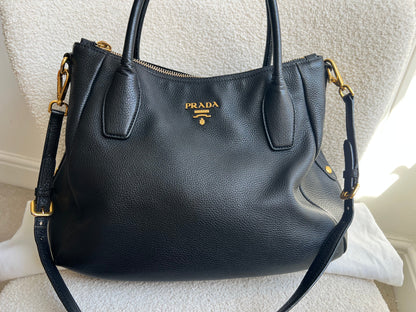 Prada Black Vitello Daino Leather Sacca 2 Manici Hobo Bag