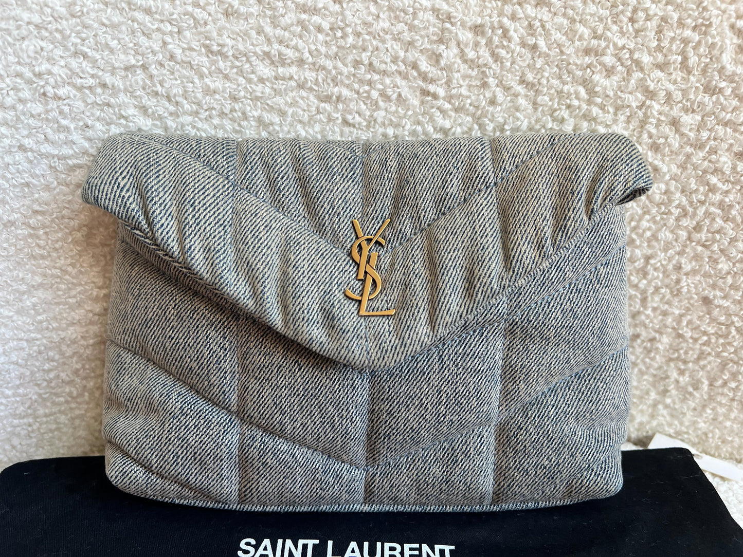 Yves Saint Laurent (YSL) Puffer Clutch Pouch in Blue Quilted Denim (RRP £710)