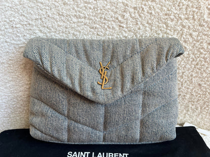 Yves Saint Laurent (YSL) Puffer Clutch Pouch in Blue Quilted Denim (RRP £710)