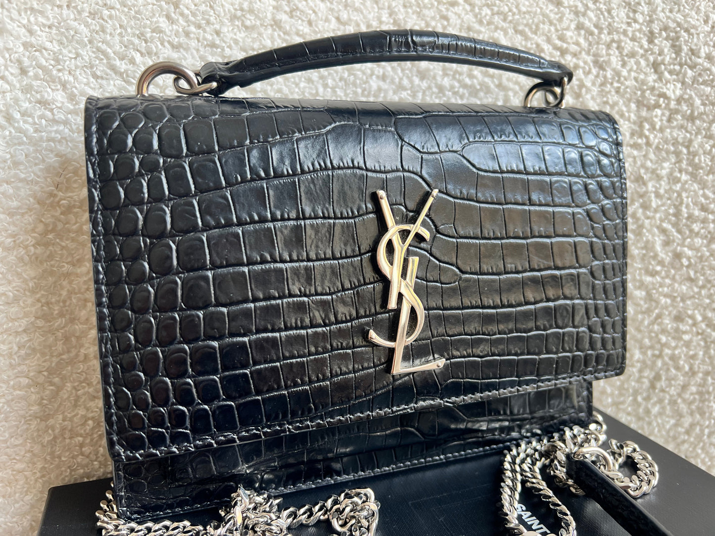 Yves Saint Laurent (YSL) Black Croc Mini Sunset Top Handle (RRP £1,445)