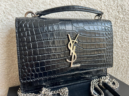 Yves Saint Laurent (YSL) Black Croc Mini Sunset Top Handle (RRP £1,445)