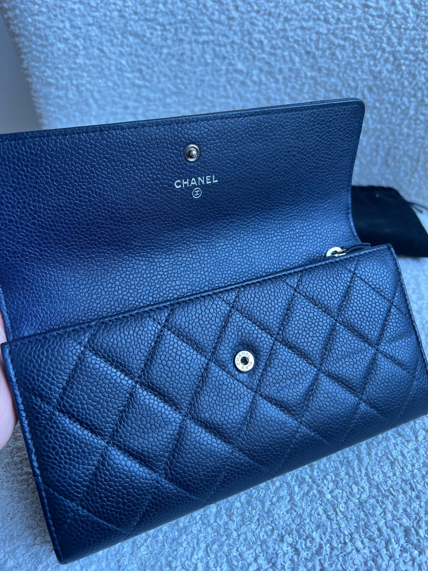 Chanel Navy Caviar Flap Wallet with silver Hardware