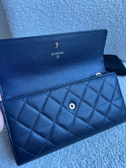 Chanel Navy Caviar Flap Wallet with silver Hardware
