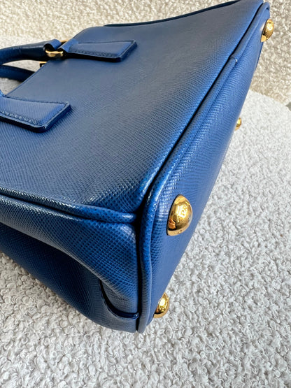 Prada Blue Saffiano Lux Leather Micro Double Zip Tote