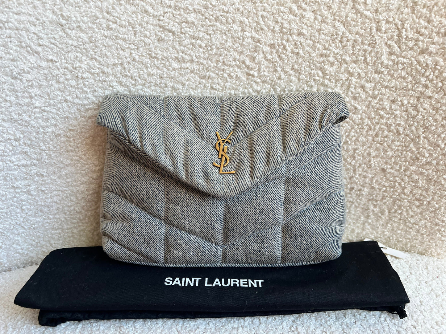 Yves Saint Laurent (YSL) Puffer Clutch Pouch in Blue Quilted Denim (RRP £710)