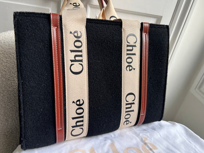 Chloe Medium Black Wool Woody Tote Bag