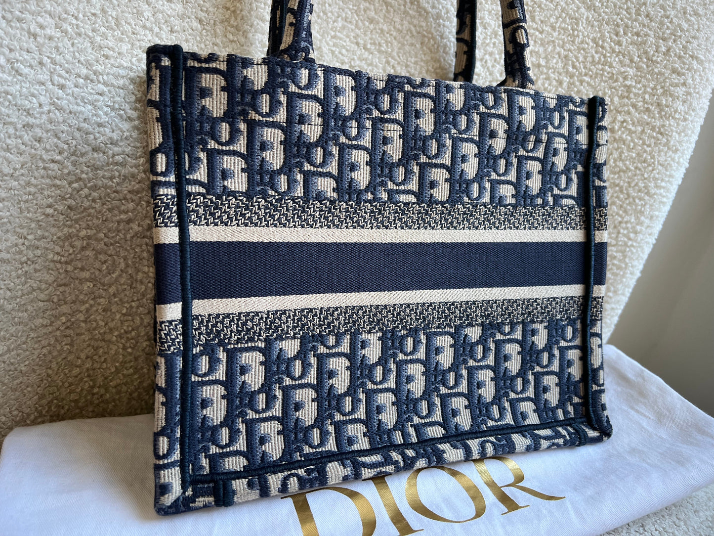 Christian Dior Small Book Tote in Ecru and Blue Dior Oblique Embroidery (RRP £2500)