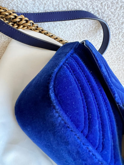 Gucci GG Blue Mini Velvet Marmont Mini Shoulder Bag
