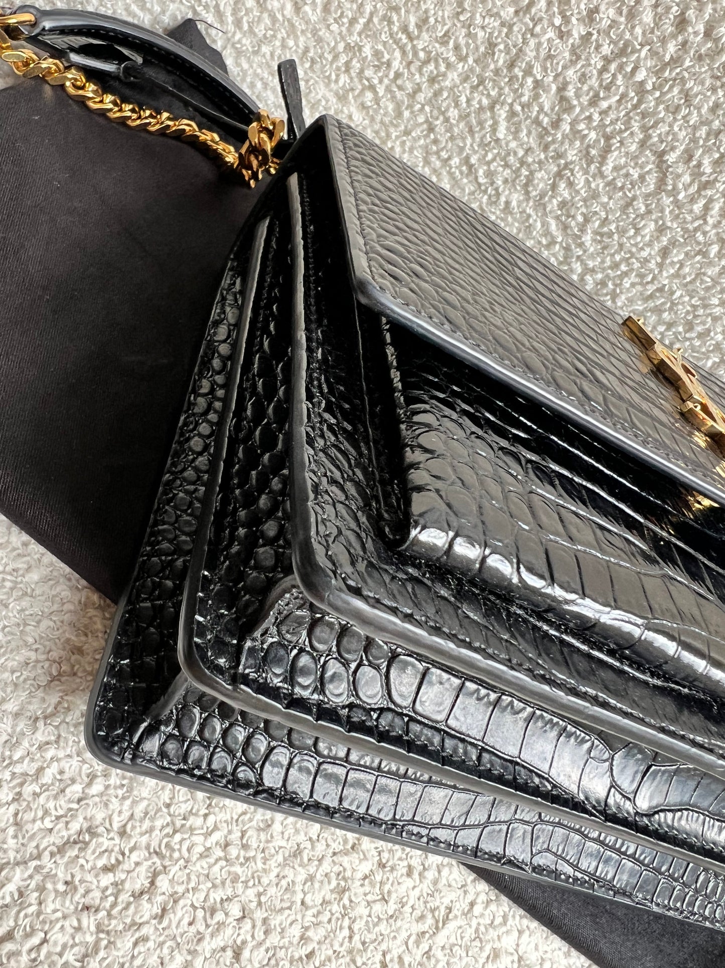 Yves Saint Laurent (YSL) Black Croc Medium Sunset with Gold Hardware (RRP £2,230)