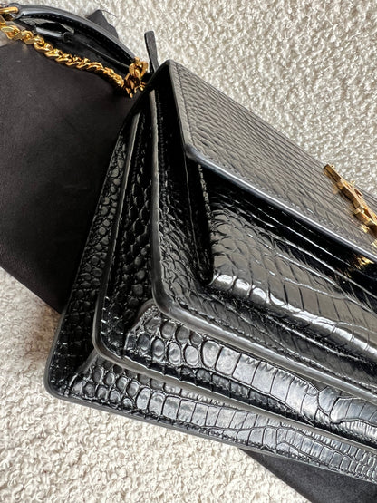 Yves Saint Laurent (YSL) Black Croc Medium Sunset with Gold Hardware (RRP £2,230)