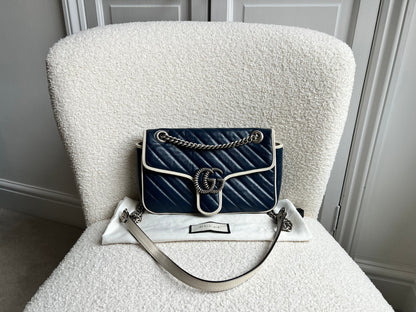 Gucci GG Navy and White Torchon Marmont Small Shoulder Bag