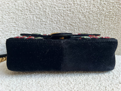 Gucci GG Black Velvet Embellished Marmont Mini Shoulder Bag
