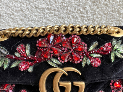 Gucci GG Black Velvet Embellished Marmont Mini Shoulder Bag