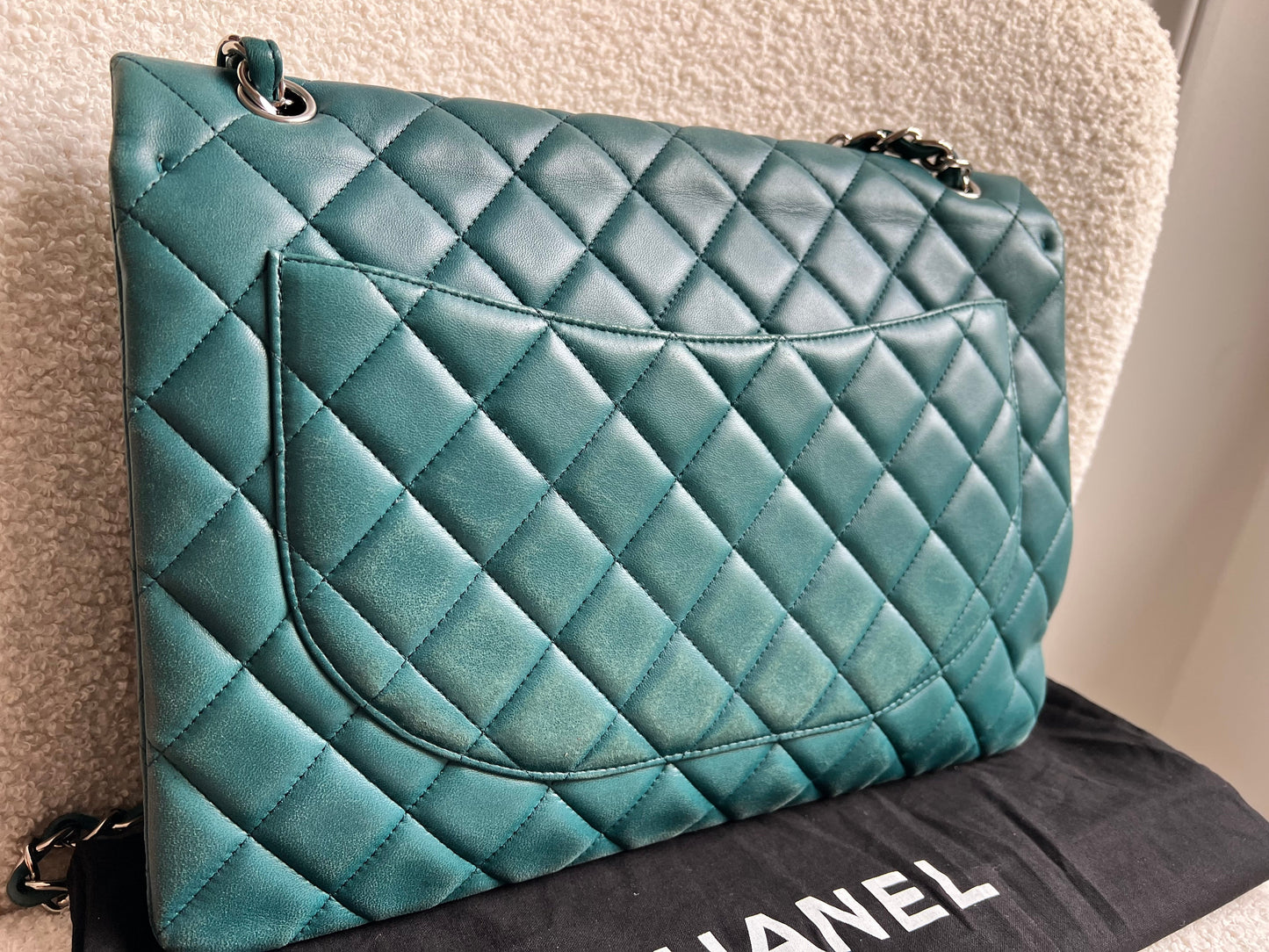 Chanel Maxi Single Flap in Teal Lambskin Silver Hardware