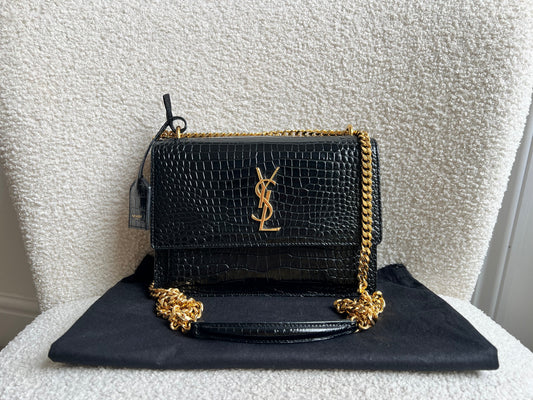 Yves Saint Laurent (YSL) Black Croc Medium Sunset with Gold Hardware (RRP £2,230)