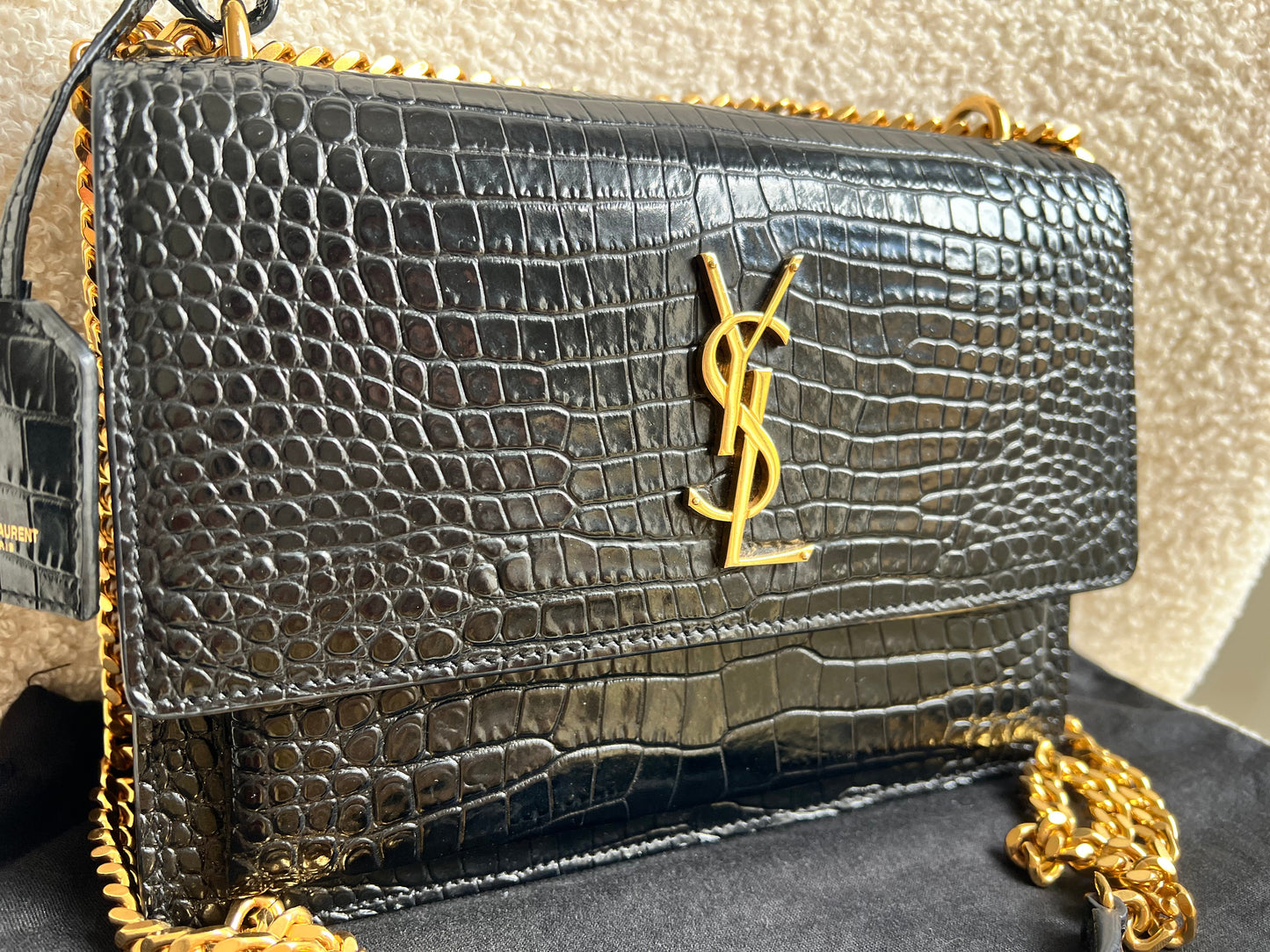 Yves Saint Laurent (YSL) Black Croc Medium Sunset with Gold Hardware (RRP £2,230)