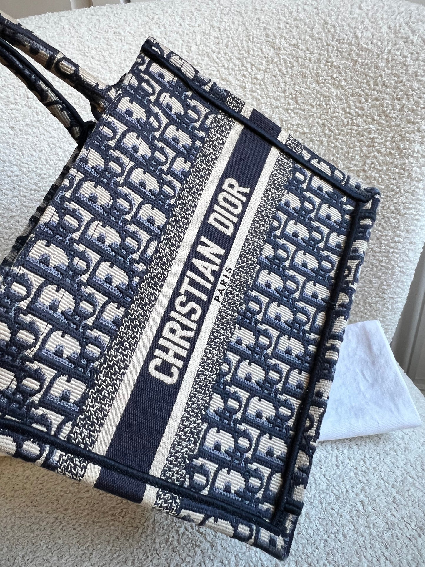 Christian Dior Small Book Tote in Ecru and Blue Dior Oblique Embroidery (RRP £2500)