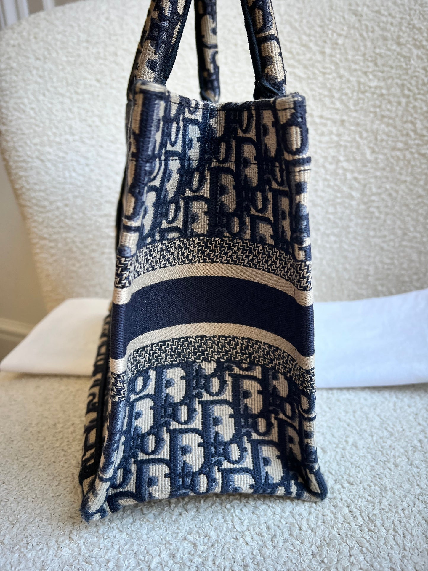 Christian Dior Small Book Tote in Ecru and Blue Dior Oblique Embroidery (RRP £2500)