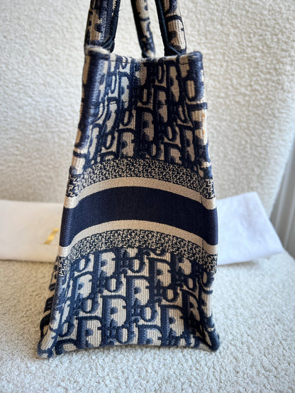 Christian Dior Small Book Tote in Ecru and Blue Dior Oblique Embroidery (RRP £2500)
