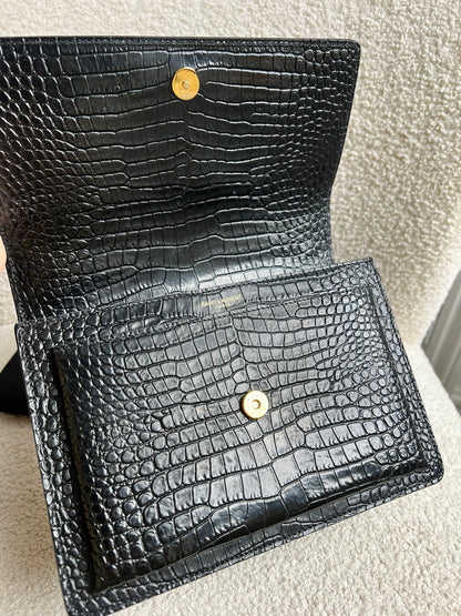 Yves Saint Laurent (YSL) Black Croc Medium Sunset with Gold Hardware (RRP £2,230)