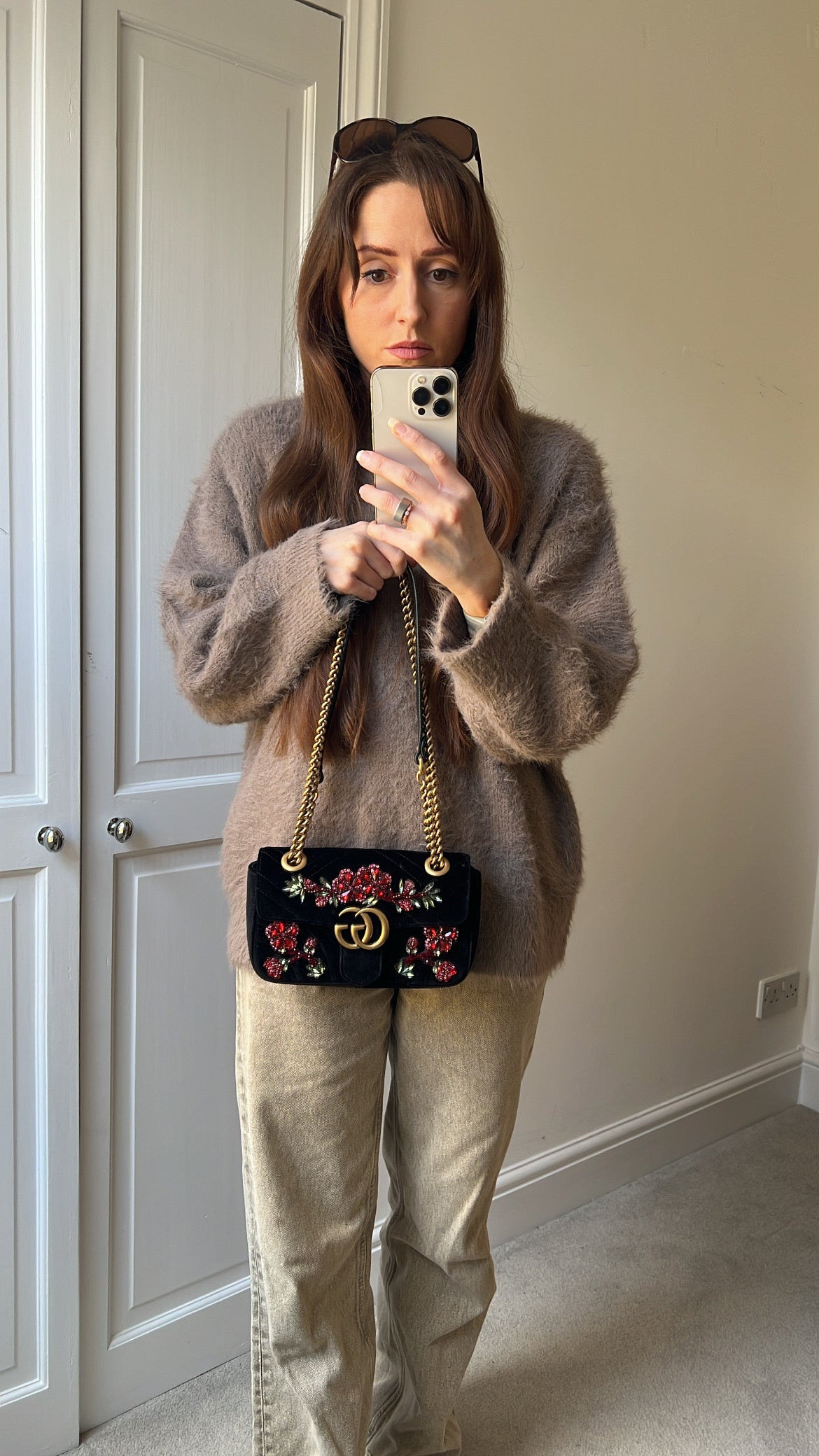 Gucci GG Black Velvet Embellished Marmont Mini Shoulder Bag
