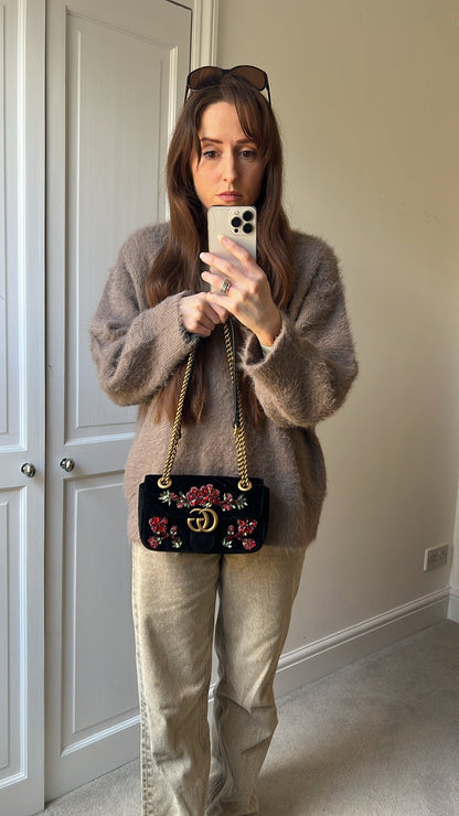 Gucci GG Black Velvet Embellished Marmont Mini Shoulder Bag