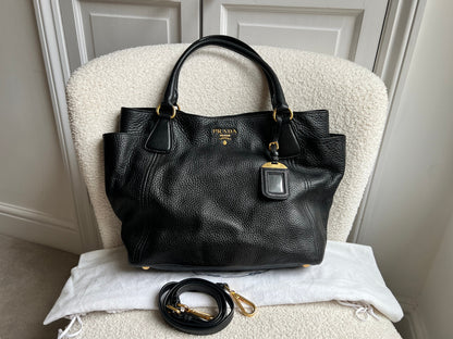Prada Black Vitello Daino Side Pocket Tote