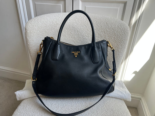 Prada Black Vitello Daino Leather Sacca 2 Manici Hobo Bag