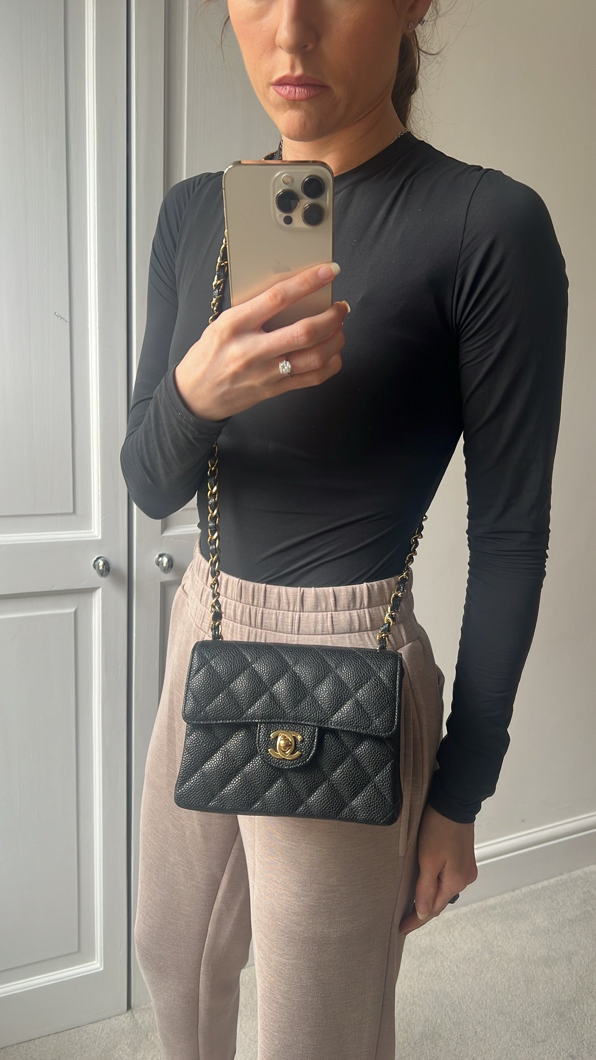 Chanel Square Mini Classic Flap in Black Caviar with gold hardware