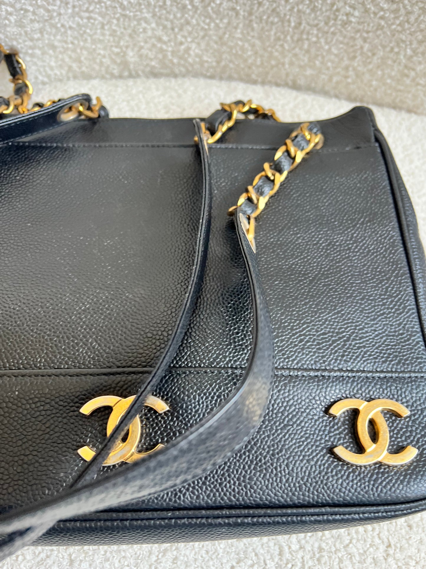 Chanel Vintage Black Caviar Chain Tote with 24k Gold Hardware