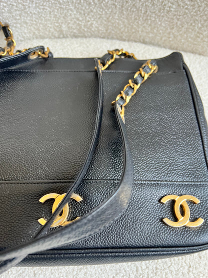 Chanel Vintage Black Caviar Chain Tote with 24k Gold Hardware