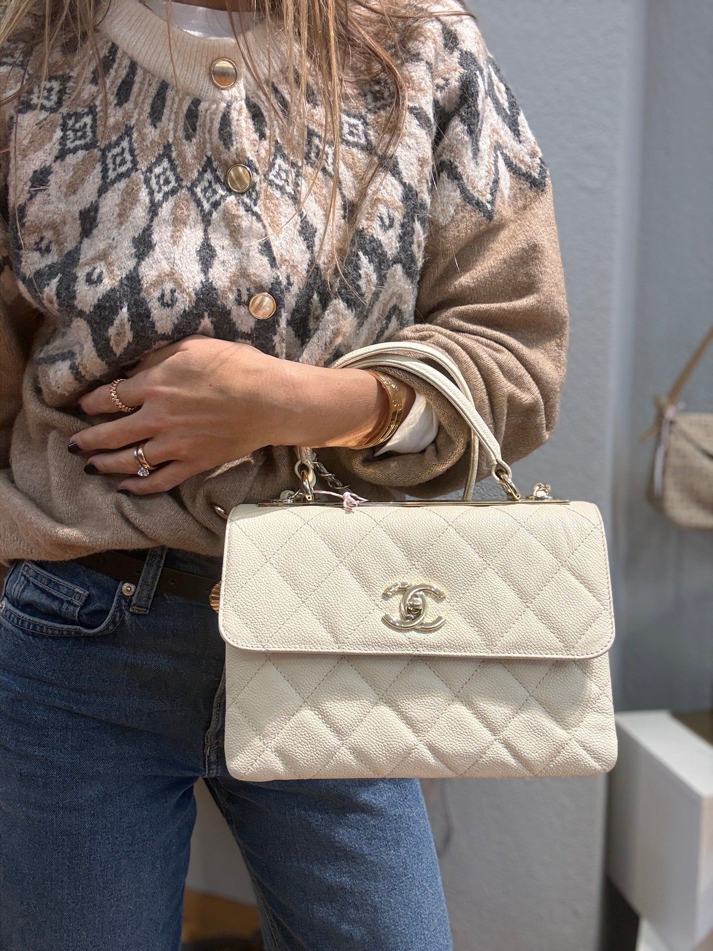 Trendy CC Small Ivory Caviar Leather