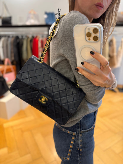 Classic Double Flap Medium Navy Lambskin 24K Gold Hardware