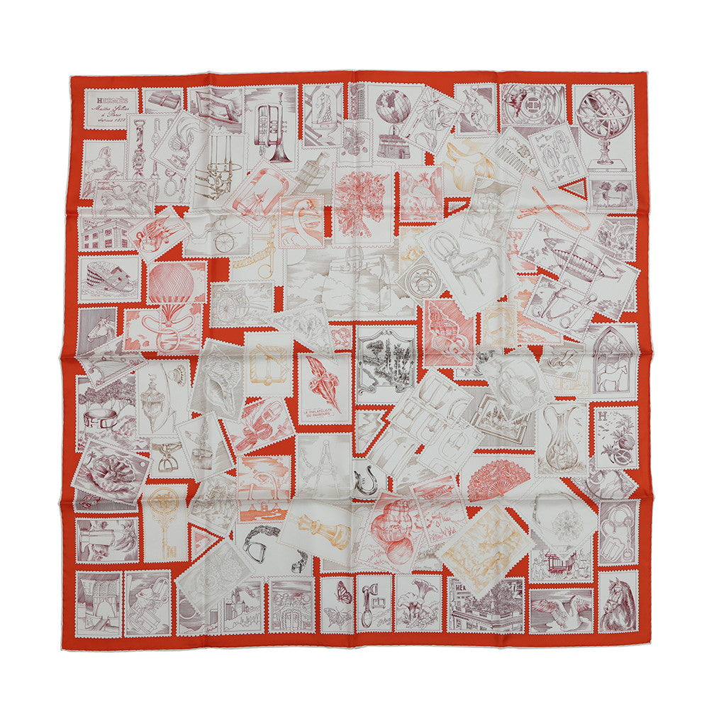 HERMES Carre Fauve stamp enthusiast Size 90 Vermillon/Crème/Lidvan Silk100%