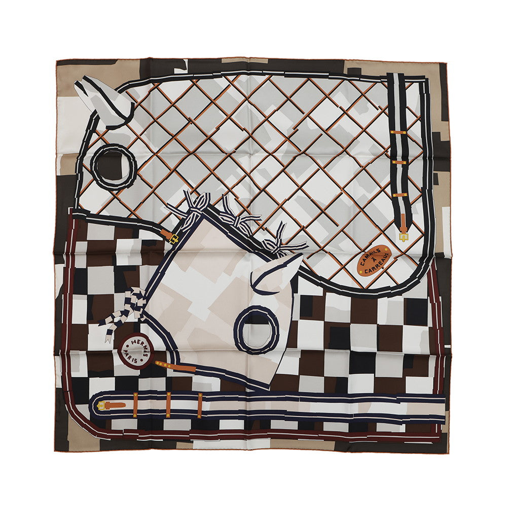 HERMES Scarf Carre Camail Check Size 90 White/Chocolat/Blue・MarineH004233S 06 Silk 100%
