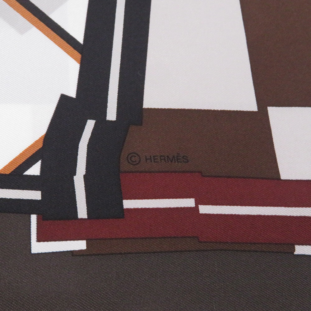 HERMES Scarf Carre Camail Check Size 90 White/Chocolat/Blue・MarineH004233S 06 Silk 100%