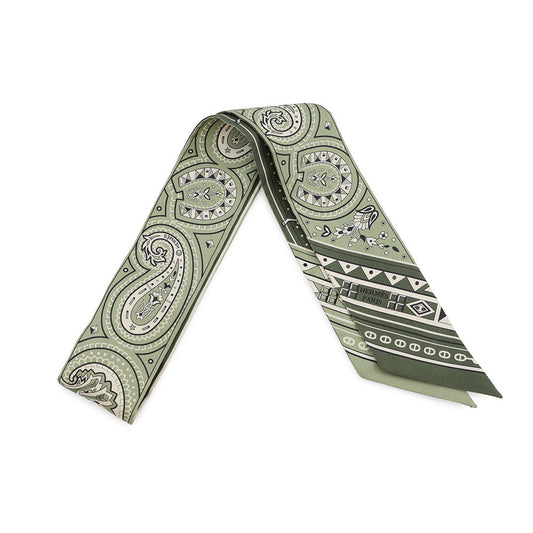 HERMES Twilly Cheval de Coeur Bandana Roden/Khaki/Cream Silk100%