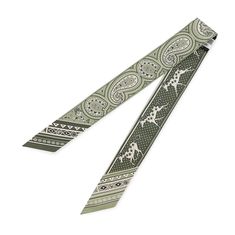 HERMES Twilly Cheval de Coeur Bandana Roden/Khaki/Cream Silk100%