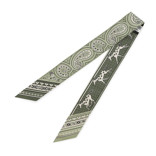 HERMES Twilly Cheval de Coeur Bandana Roden/Khaki/Cream Silk100%