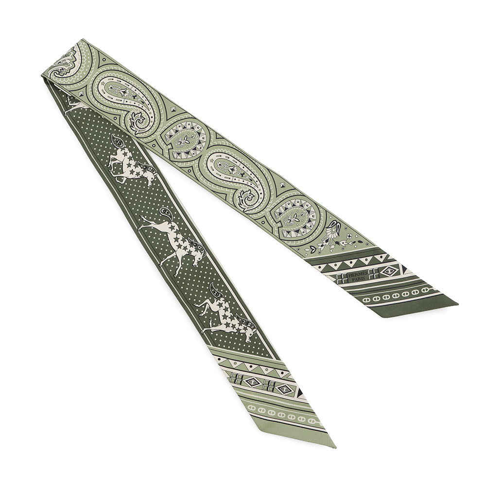 HERMES Twilly Cheval de Coeur Bandana Roden/Khaki/Cream Silk100%