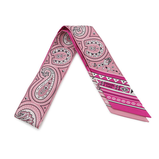 HERMES Twilly 《Cheval de Coeur Bandana》 Fuchsia / Vieux Rose / White Silk100%