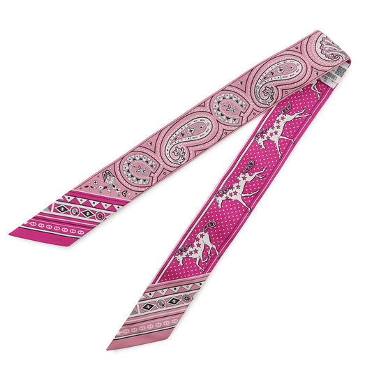HERMES Twilly 《Cheval de Coeur Bandana》 Fuchsia / Vieux Rose / White Silk100%