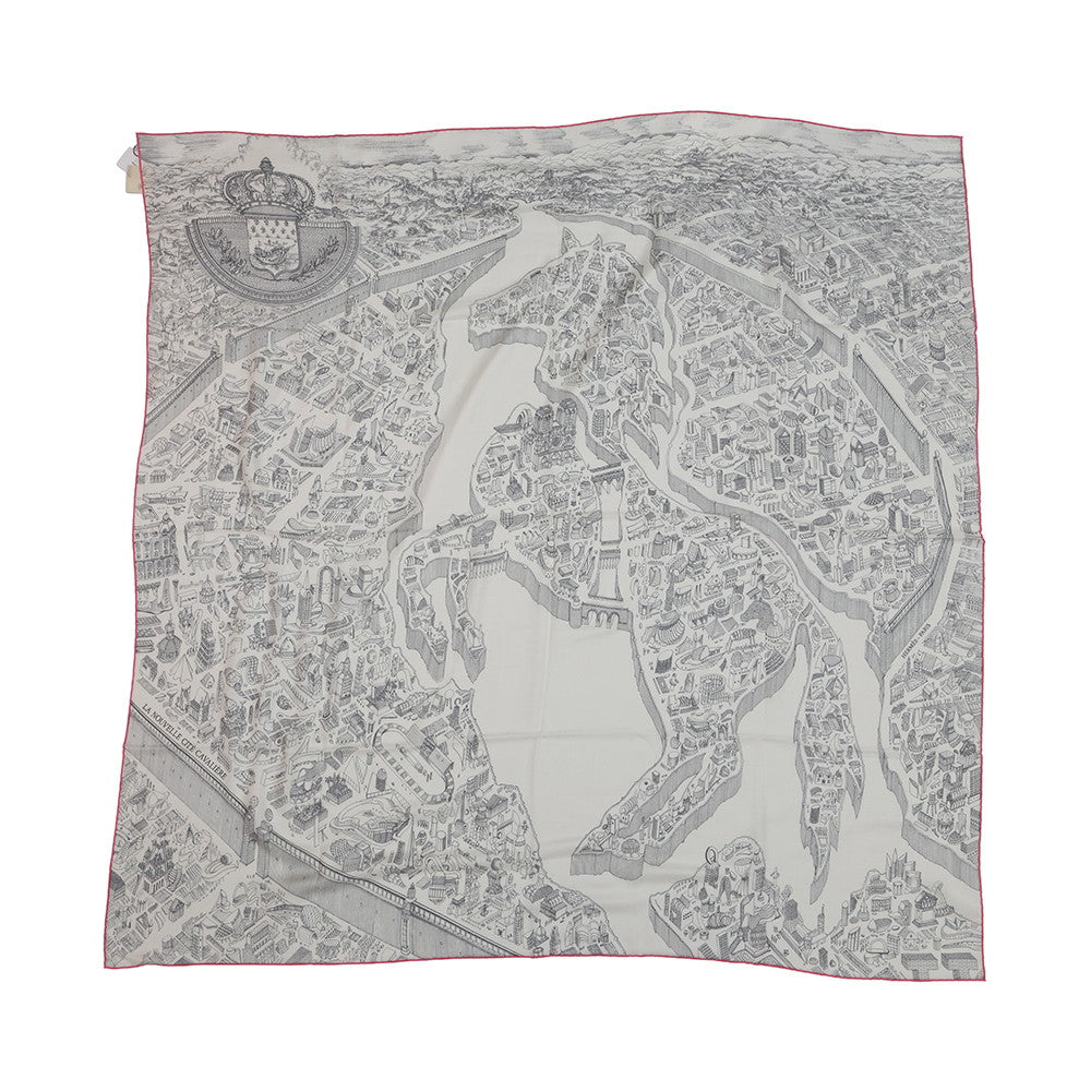 HERMES Carre Géant La Nouvelle Cite Cavaliere Size 140 White/Gray/Pink Cashmere70% Silk30%