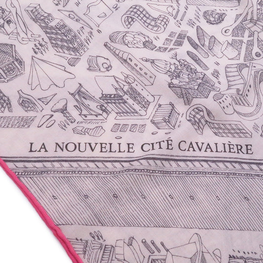 HERMES Carre Géant La Nouvelle Cite Cavaliere Size 140 White/Gray/Pink Cashmere70% Silk30%