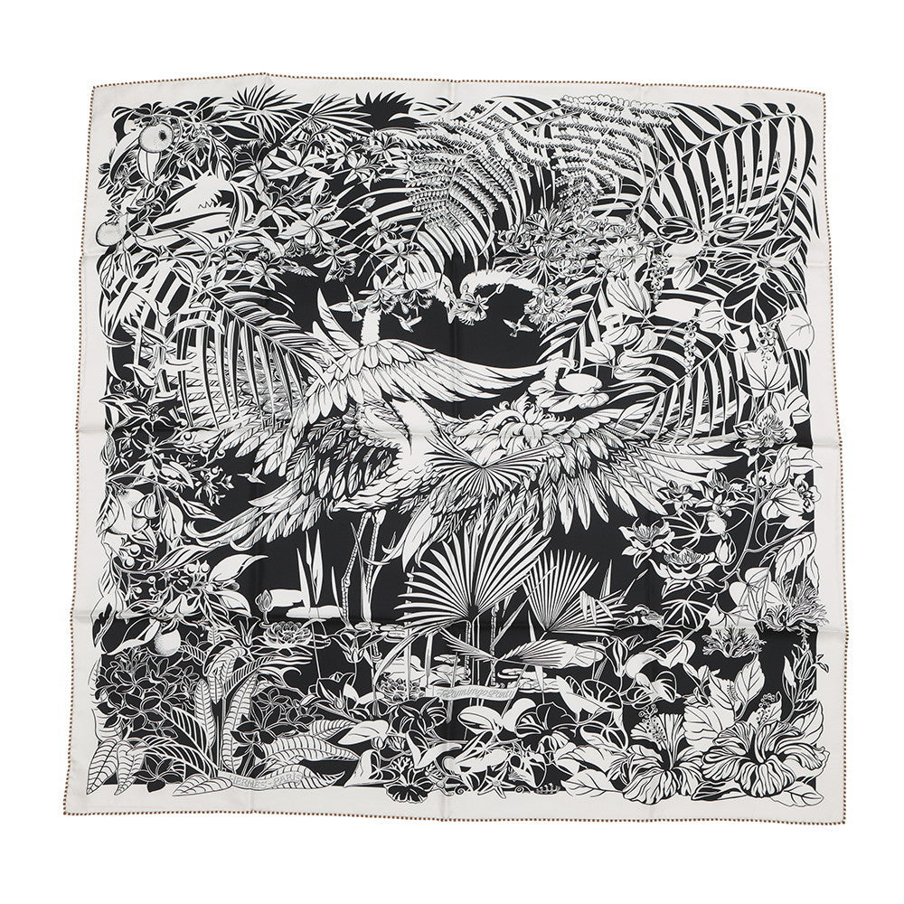 HERMES Carre Double Face FLAMINGO PARTY Size 90 Black/White/Green Silk100%