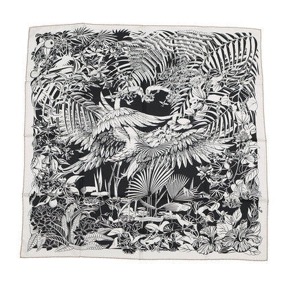 HERMES Carre Double Face FLAMINGO PARTY Size 90 Black/White/Green Silk100%