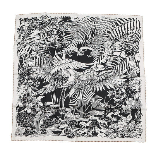 HERMES Carre Double Face FLAMINGO PARTY Size 90 Black/White/Green Silk100%